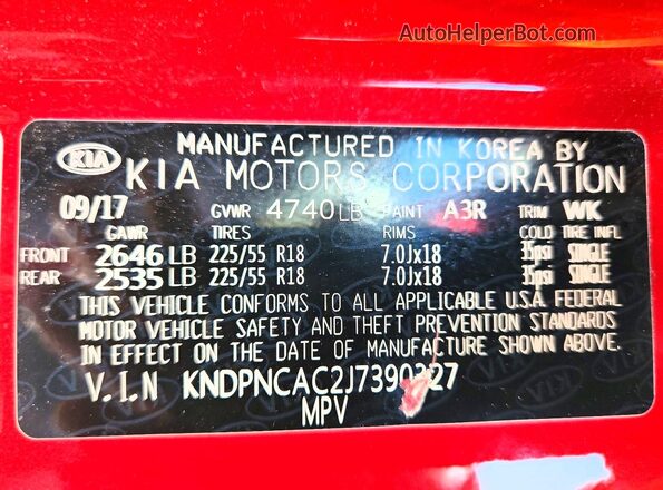 KNDPNCAC2J7390327 2018 KIA SPORTAGE Red VIN sticker view