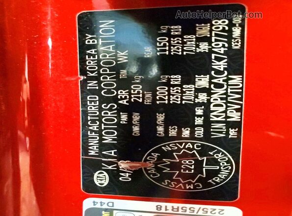 KNDPNCAC4K7497798 2019 KIA SPORTAGE Red Vista de la etiqueta del VIN