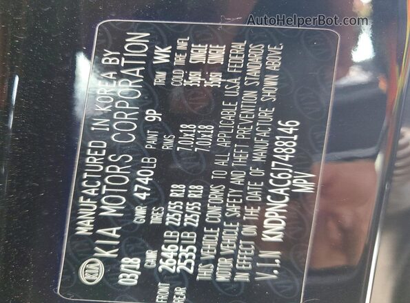 KNDPNCAC6J7488146 2018 KIA SPORTAGE Черный Вид наклейки с VIN-кодом