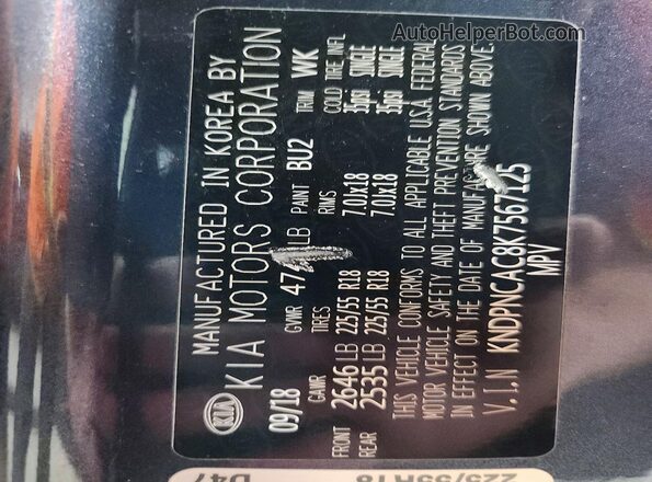 KNDPNCAC8K7567125 2019 KIA SPORTAGE Blue Vista de la etiqueta del VIN