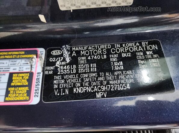 KNDPNCAC9H7271054 2017 KIA SPORTAGE Blue VIN კოდის სტიკერის ხედი