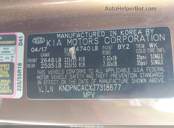 KNDPNCACXJ7318677 2018 KIA SPORTAGE Brown ძრავის განყოფილების ხედი