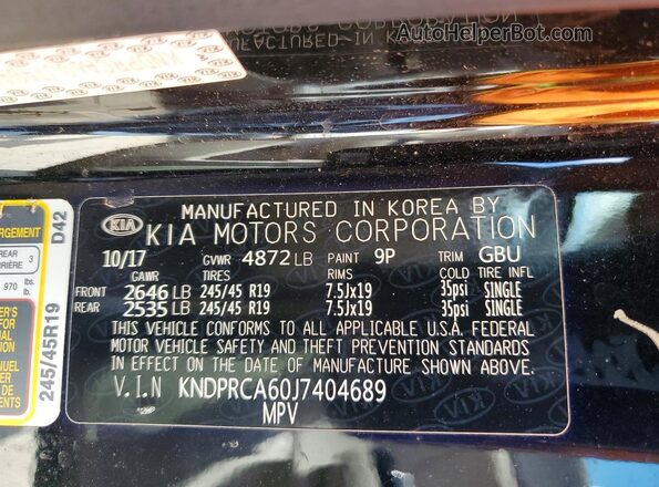 KNDPRCA60J7404689 2018 KIA SPORTAGE Black VIN კოდის სტიკერის ხედი