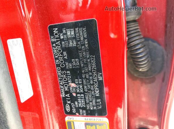 KNDPRCA65H7266822 2017 KIA SPORTAGE Red Widok naklejki z numerem VIN