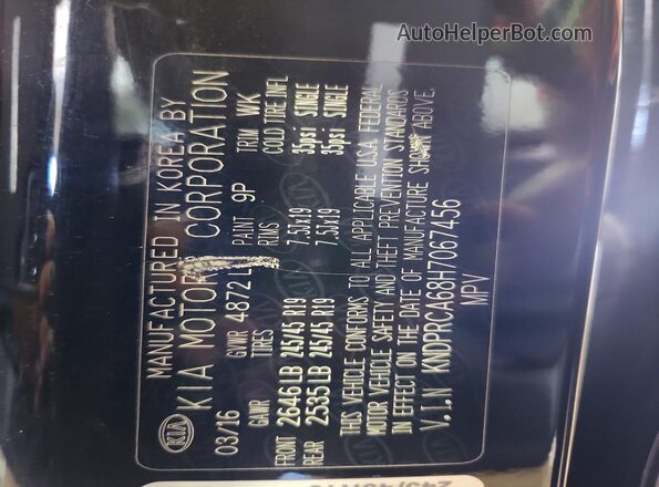 KNDPRCA68H7067456 2017 KIA SPORTAGE Black Vista de la etiqueta del VIN