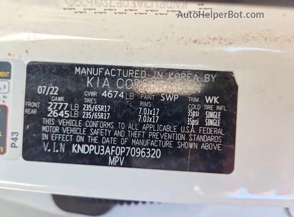 KNDPU3AF0P7096320 2023 KIA SPORTAGE White Widok wnętrza 360 stopni