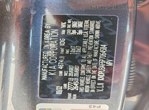 KNDPU3AF6P7064584 2023 KIA SPORTAGE Charcoal Vista de la etiqueta del VIN