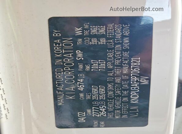 KNDPU3AF9P7067821 2023 KIA SPORTAGE White Widok naklejki z numerem VIN