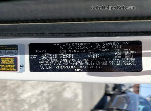 KNDPU3DG0R7120932 2024 KIA SPORTAGE Белый Вид наклейки с VIN-кодом