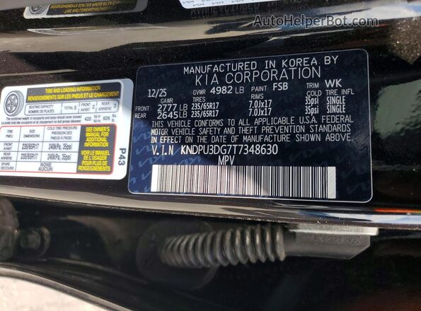 KNDPU3DG7T7348630 2026 KIA SPORTAGE Black Widok naklejki z numerem VIN
