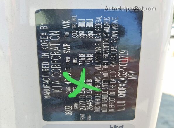 KNDPXCAG2P7011719 2023 KIA SPORTAGE White Widok naklejki z numerem VIN