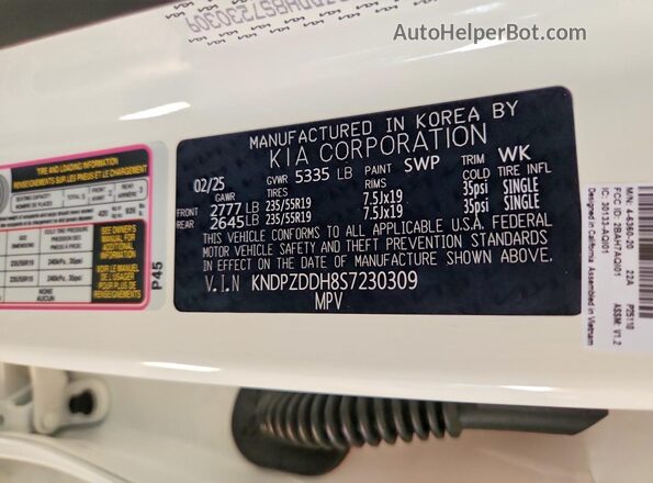 KNDPZDDH8S7230309 2025 KIA SPORTAGE White Widok naklejki z numerem VIN