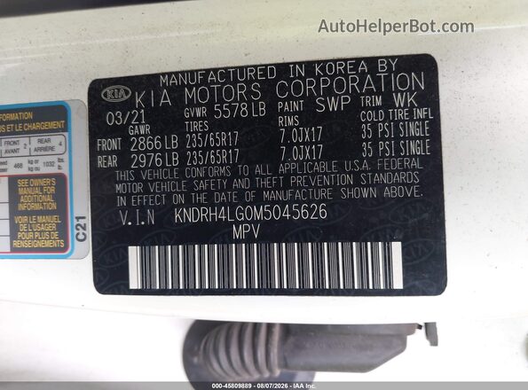KNDRH4LG0M5045626 2021 KIA SORENTO HYBRID White ძრავის განყოფილების ხედი