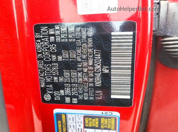KNDRH4LG3M5024477 2021 KIA SORENTO Burgundy VIN კოდის სტიკერის ხედი