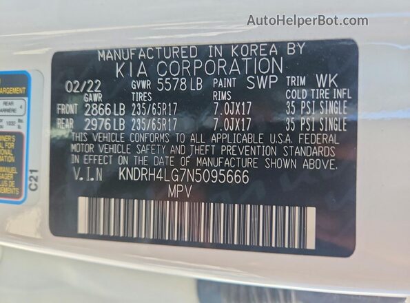 KNDRH4LG7N5095666 2022 KIA SORENTO Белый Вид наклейки с VIN-кодом