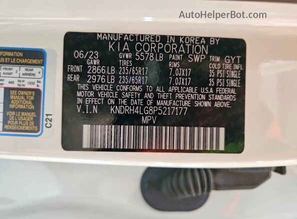 KNDRH4LG8P5217177 2023 KIA SORENTO Белый Вид наклейки с VIN-кодом
