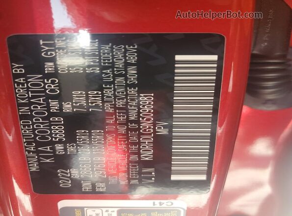 KNDRHDLG9N5096981 2022 KIA SORENTO Red Widok naklejki z numerem VIN