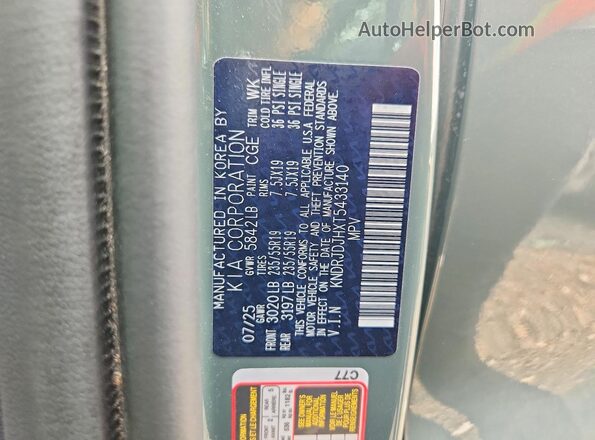 KNDRJDJHXT5433140 2026 KIA SORENTO Green Widok naklejki z numerem VIN