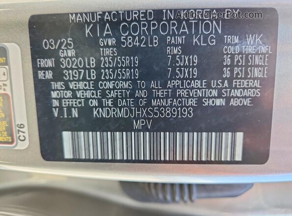 KNDRMDJHXS5389193 2025 KIA SORENTO Silver Vista de la etiqueta del VIN