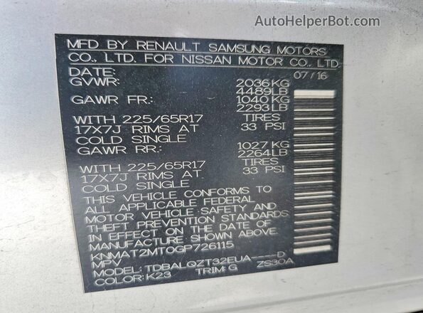 KNMAT2MT0GP726115 2016 NISSAN ROGUE Серебряный Вид наклейки с VIN-кодом