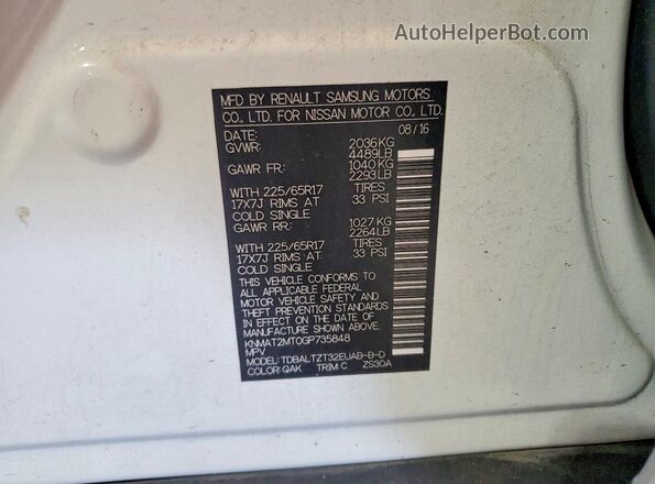 KNMAT2MT0GP735848 2016 NISSAN ROGUE White Widok komory silnika