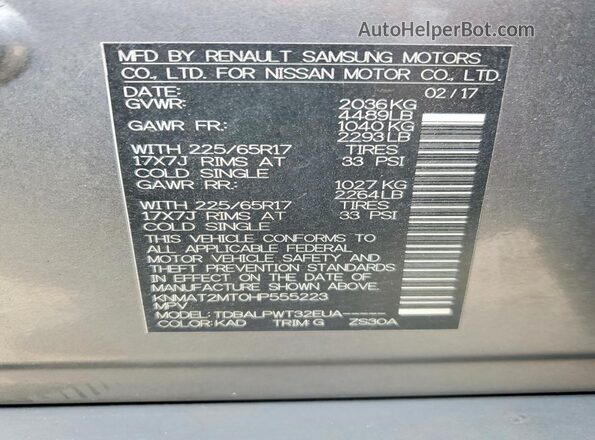 KNMAT2MT0HP555223 2017 NISSAN ROGUE Gray VIN sticker view