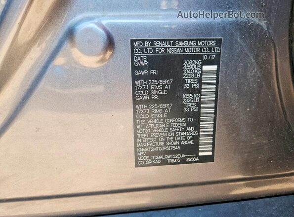 KNMAT2MT0JP517545 2018 NISSAN ROGUE Серый Вид наклейки с VIN-кодом