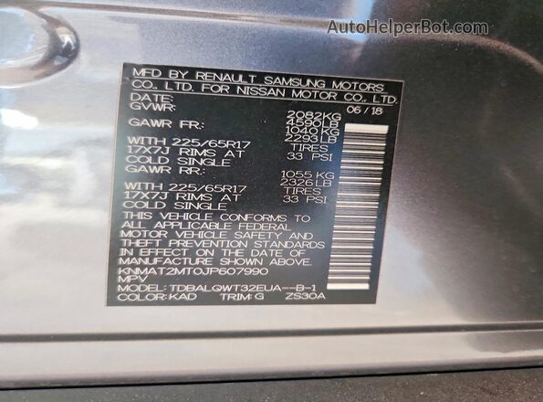 KNMAT2MT0JP607990 2018 NISSAN ROGUE Silver Вид наклейки з VIN-кодом