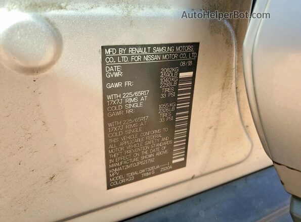 KNMAT2MT0JP621792 2018 NISSAN ROGUE Silver Vista de la etiqueta del VIN