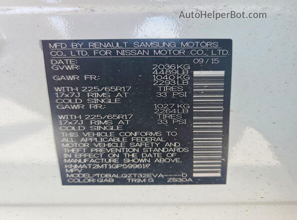 KNMAT2MT1GP599617 2016 NISSAN ROGUE White Widok naklejki z numerem VIN