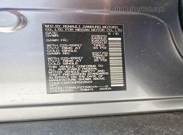 KNMAT2MT1GP622622 2016 NISSAN ROGUE Gray Widok wnętrza 360 stopni