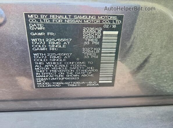 KNMAT2MT1GP661923 2016 NISSAN ROGUE Gray VIN კოდის სტიკერის ხედი
