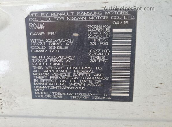 KNMAT2MT1GP682335 2016 NISSAN ROGUE White Widok wnętrza 360 stopni