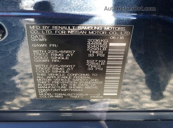 KNMAT2MT1GP715642 2016 NISSAN ROGUE Blue Vista de la etiqueta del VIN