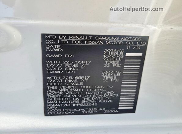 KNMAT2MT1HP522649 2017 NISSAN ROGUE White VIN კოდის სტიკერის ხედი