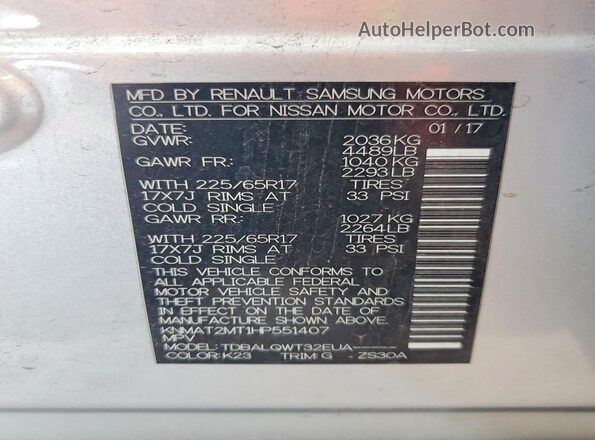 KNMAT2MT1HP551407 2017 NISSAN ROGUE Silver VIN კოდის სტიკერის ხედი