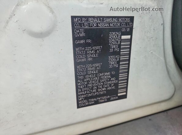 KNMAT2MT1JP571873 2018 NISSAN ROGUE White Vista de la etiqueta del VIN