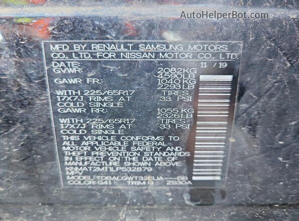 KNMAT2MT1LP532879 2020 NISSAN ROGUE Black Vista de la etiqueta del VIN