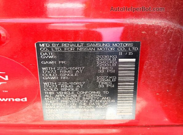 KNMAT2MT2GP618238 2016 NISSAN ROGUE Orange Vista de la etiqueta del VIN