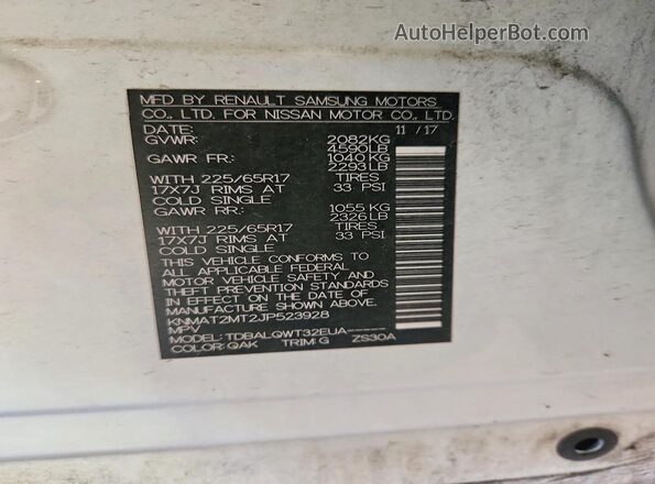 KNMAT2MT2JP523928 2018 NISSAN ROGUE White VIN sticker view