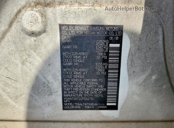 KNMAT2MT2JP552751 2018 NISSAN ROGUE White Widok naklejki z numerem VIN