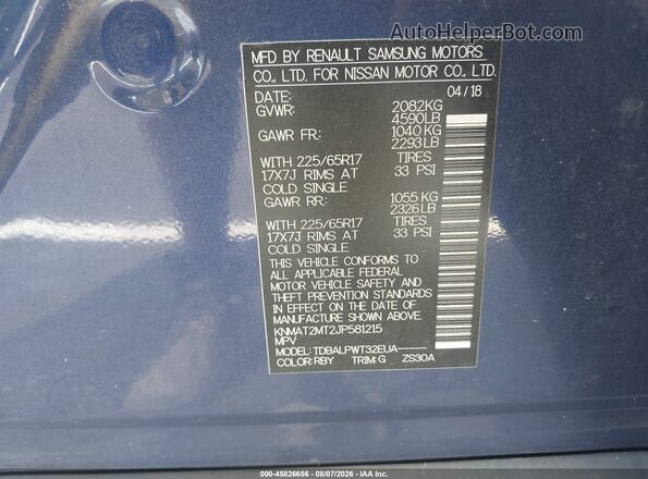 KNMAT2MT2JP581215 2018 NISSAN ROGUE Blue Engine compartment view