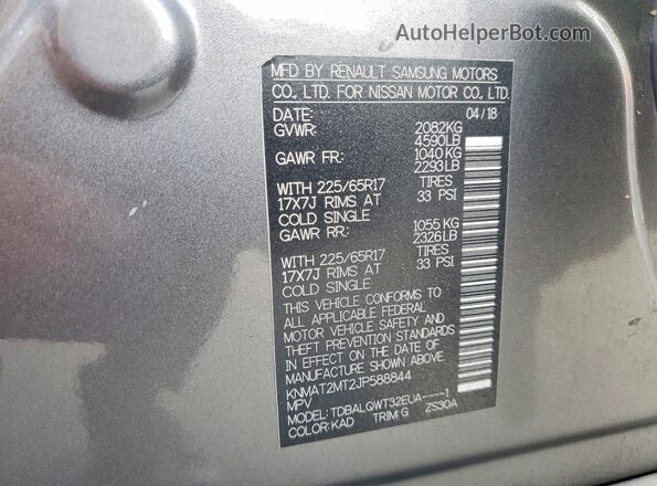 KNMAT2MT2JP588844 2018 NISSAN ROGUE Gray VIN կոդի պիտակի տեսք