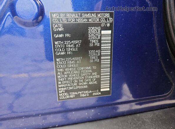 KNMAT2MT2JP611068 2018 NISSAN ROGUE Blue VIN sticker view