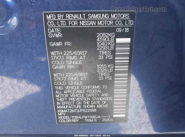 KNMAT2MT3JP622998 2018 NISSAN ROGUE Blue ძრავის განყოფილების ხედი