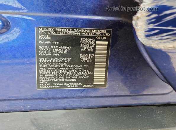 KNMAT2MT3KP538116 2019 NISSAN ROGUE Blue VIN კოდის სტიკერის ხედი