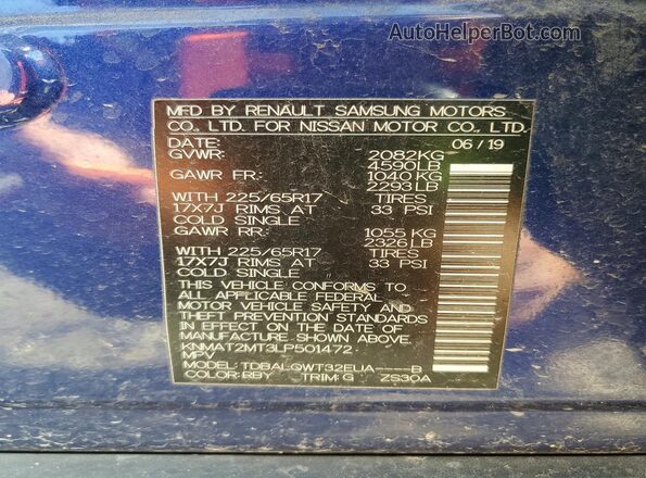 KNMAT2MT3LP501472 2020 NISSAN ROGUE Blue VIN sticker view