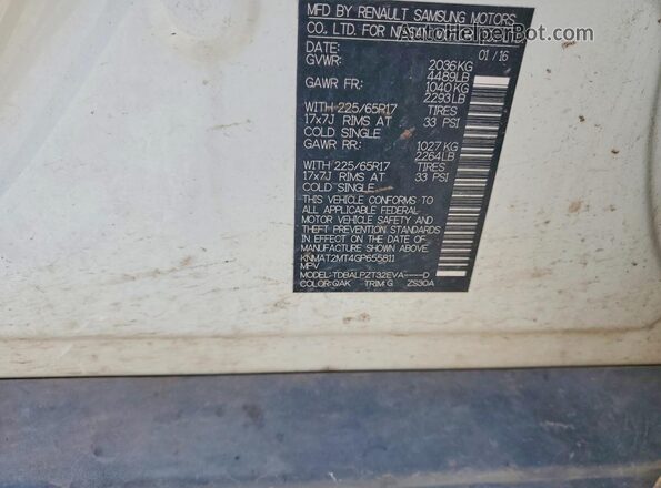 KNMAT2MT4GP655811 2016 NISSAN ROGUE White Widok naklejki z numerem VIN