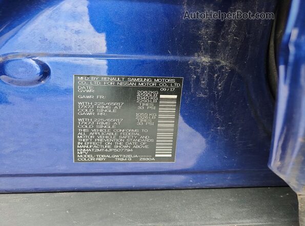 KNMAT2MT4JP507794 2018 NISSAN ROGUE Синий Вид наклейки с VIN-кодом