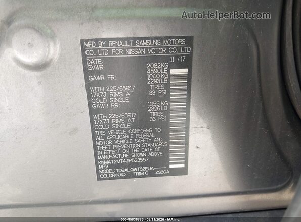 KNMAT2MT4JP523557 2018 NISSAN ROGUE Gray Widok komory silnika